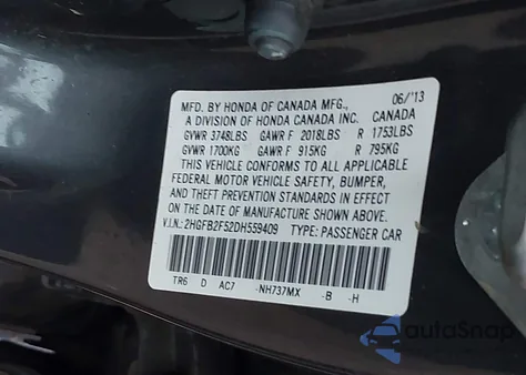 2013 Honda Civic Lx z USA, uszkodzony, nr VIN 2HGFB2F52DH559409